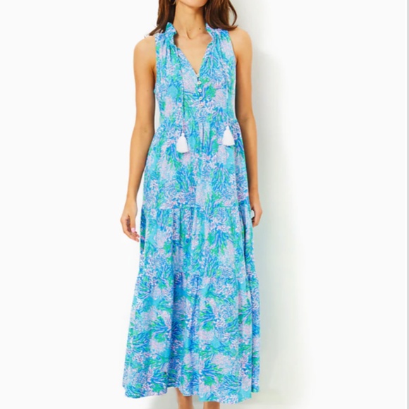$198 NWT LILLY PULITZER MALONE MAXI DRESS LAS OLAS AQUA STRONG CURRENT SEA XL - Picture 2 of 13